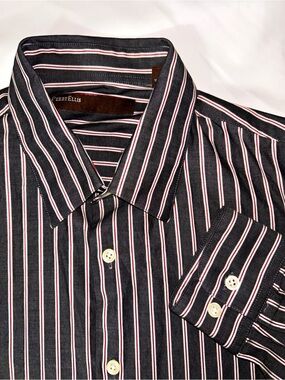 Perry Ellis Black Button-Up Shirt with White and Red Pinstripes